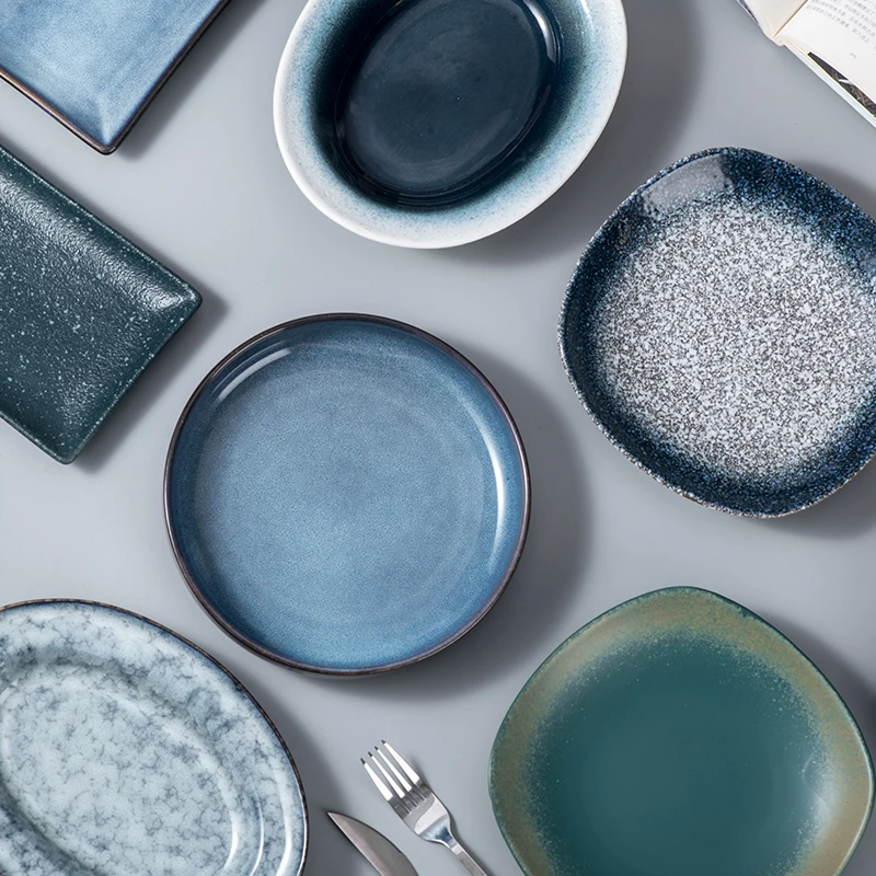 Retro Minimalism Style Dinnerware Set Round Porcelain Blue Marbling Tableware Plates Dish Set Ceramic Dinner Plate