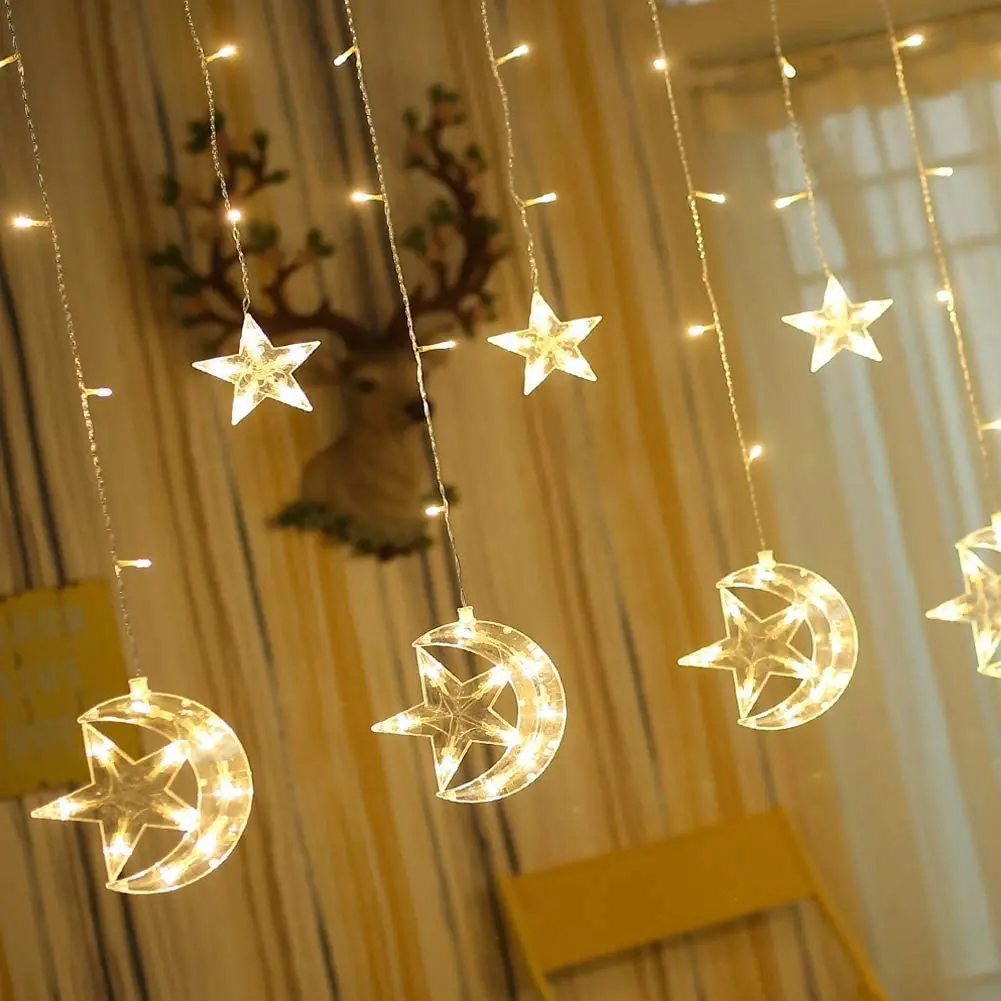 Twinkle Star 138 LED Star Moon Curtain String Lights Window Curtain Lights 8 Flashing Modes Ramadan Decoration Christmas