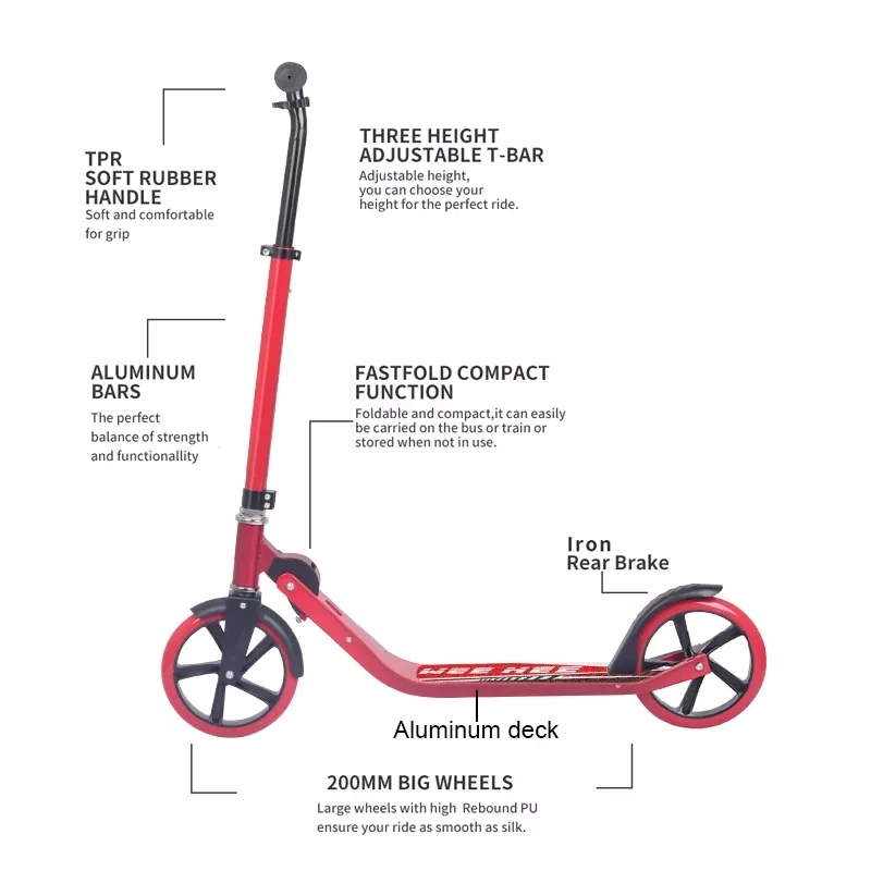 2 Wheels foot scooter Foldable kick scooter adult with 200mm Big Wheels