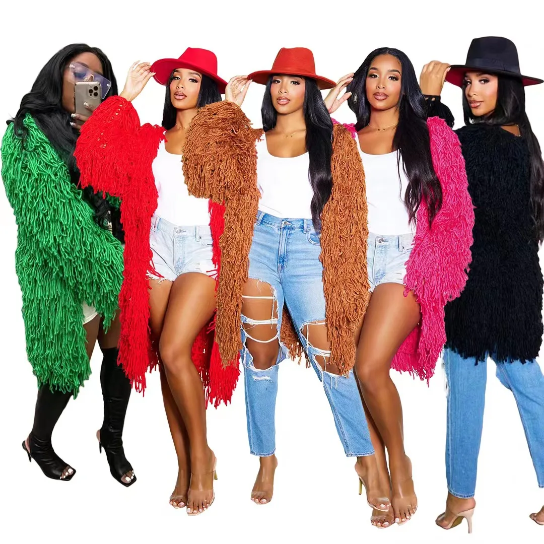 New Arrivals Y2K Clothing Women Long Cardigan Hand Made Knitting Sweater Tassels Streetwear Winter Clothes For Ladies Coats