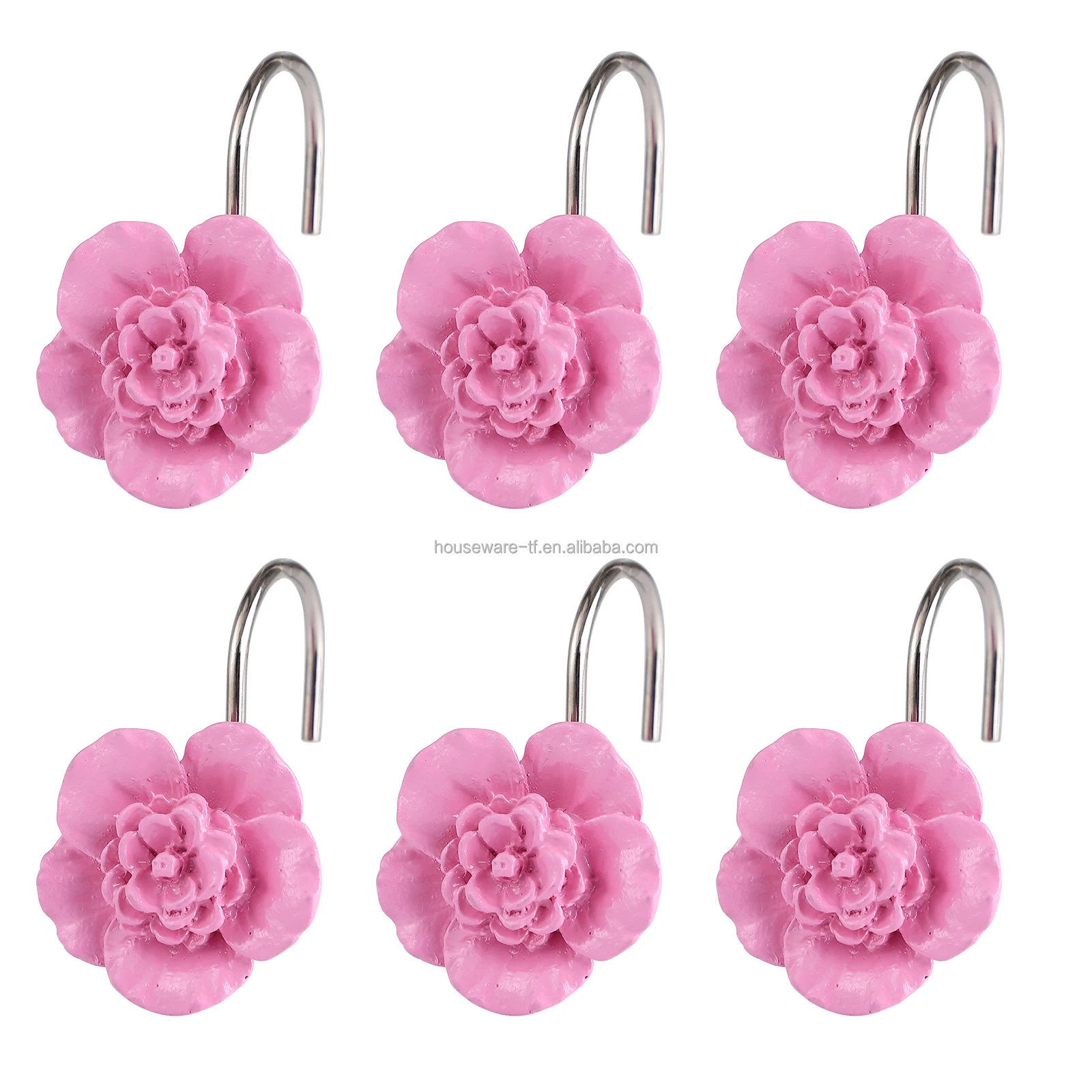 Pink Rose Shower Curtain Rings Set of 12 Bathroom Shower Curtain resin hooks rose Design Shower Curtain Rings Set of 12