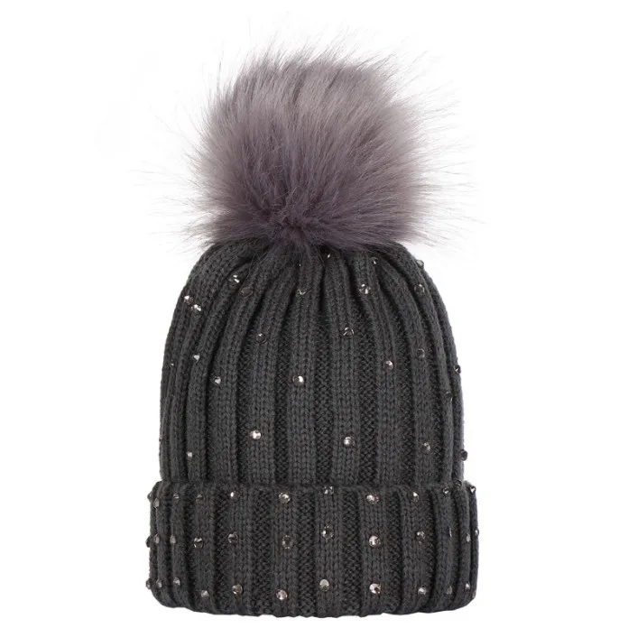 New design children big pompom ball wool winter hat rhinestone wholesale fashion knit baby kids diamond hats