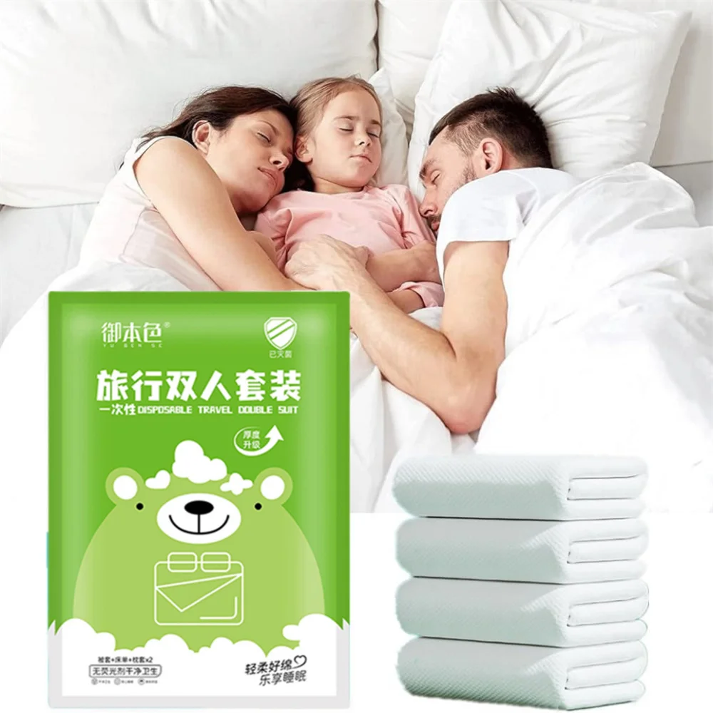 4PCS Convenient Disposable Bedding Cover Set Including Sheet Pillowcase & Duvet for Travelers for Hotels