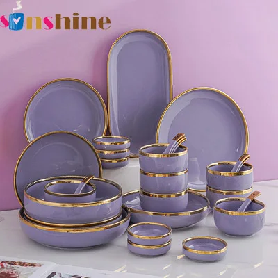 Nordic Style Light Luxury Dishes Set Home Creative Phnom Penh Purple Ceramic Tableware Bowl and Vegetable Plate Soup Bowl Set