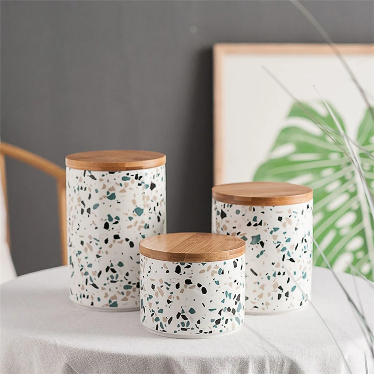 European terrazzo sealed food container coffee bean cookie ceramic storage jars with bamboo lid