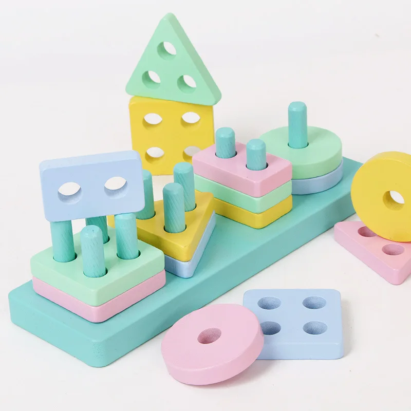 Children Wooden Macaron Color Four-Column Baby Geometric Shape Matching Cognitive Montessori Block Educational Toy