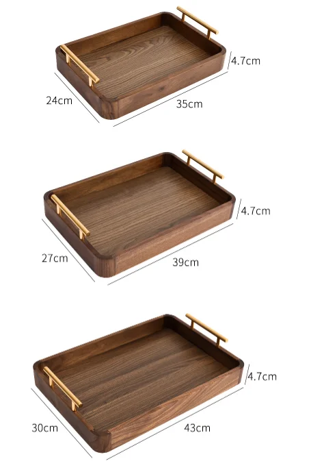High Quality Black Walnut Kitchen Storage Trays Household Hotel Tea Plate Serving Tray Coffee Cake Wood Tray With Metal Handle