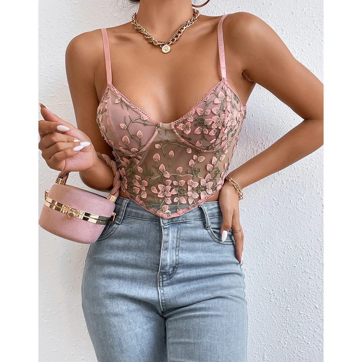 INTIFLOWER Embroidery flowers ribbed crop tops for women lace hoodie bale sexy floral summer adjustable strap back transparent