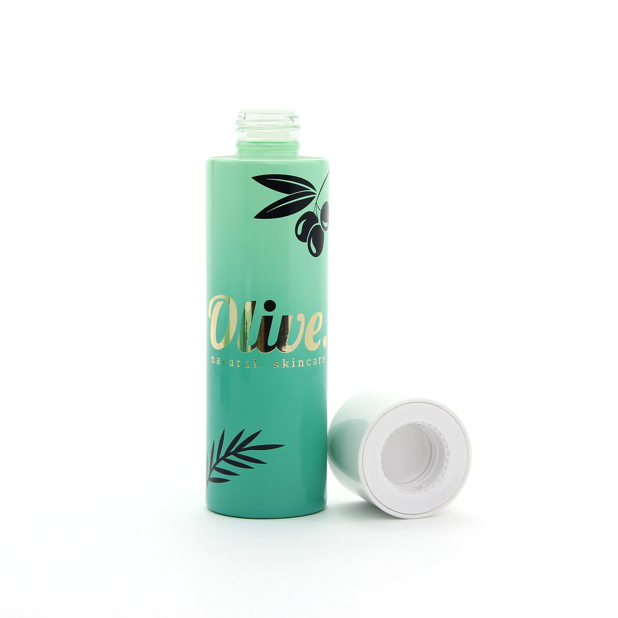 Colorful green blue empty facial toner glass bottle with gold cover cap and orifice reducer