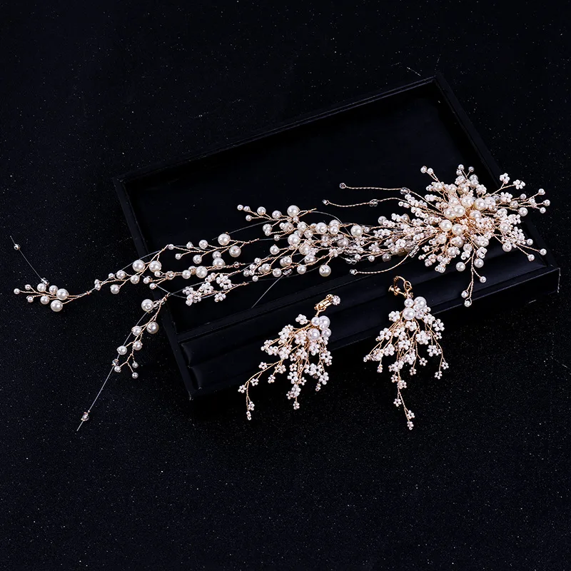3 Pcs/set Fashion Women Long Crystal Pearl Hair Band Earrings Set Bride Wedding Dress Accessories Headwear Earring Pendent