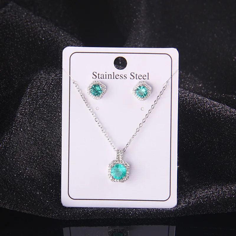 Elegant Wedding Bridal Jewelry Full Diamond 2 Pcs/Set Square Shape Shiny Crystal Pendant Necklace Earrings Jewelry Set