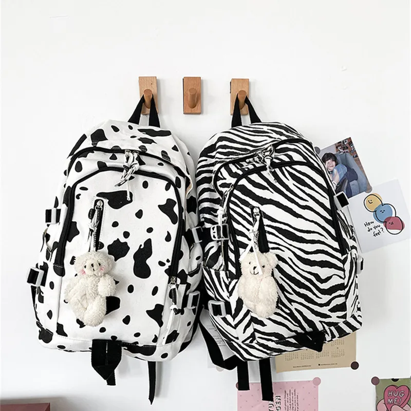 Fashion School Bags for Women Outdoor Travel Retro Canvas Schoolbag Big Capacity Cow Zebra Print Backpacks for Girls