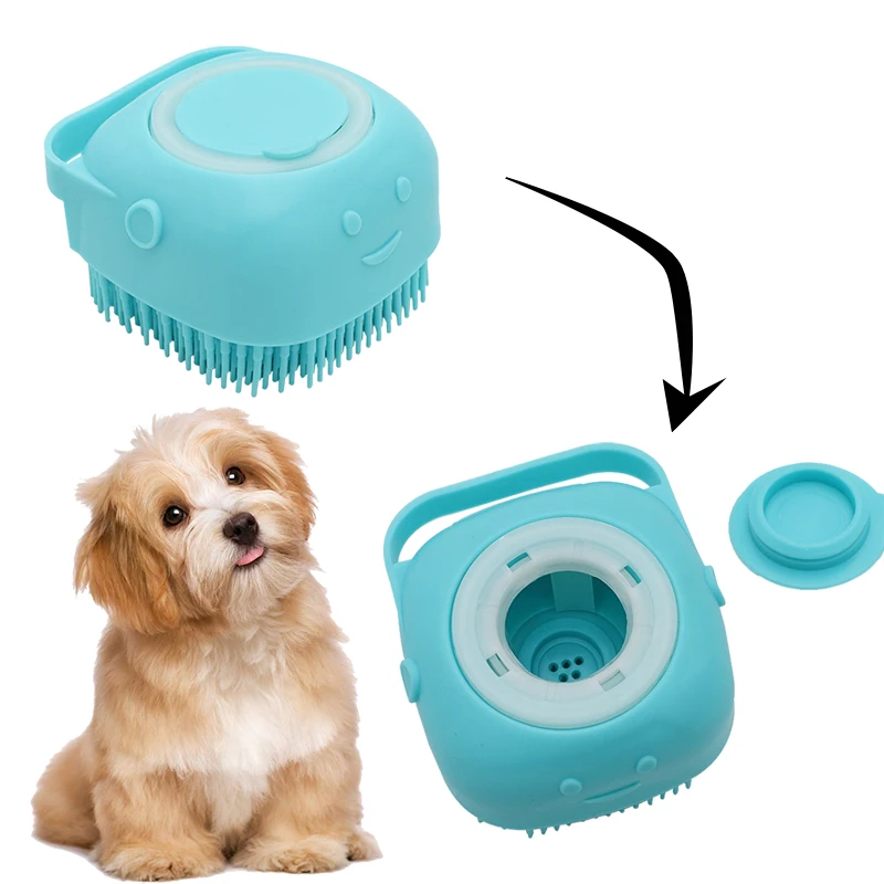 Pet dog hair brush Grooming Bath Massage Brush with Soap and Shampoo Dispenser Soft Silicone Bristle