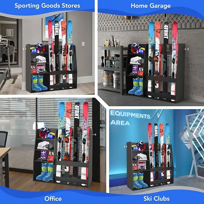 Ski Storage Rack Organizer Stand Holder Floor Mount Fits 4 Pairs of Skis and Multiple Skiing Equipment Accessories