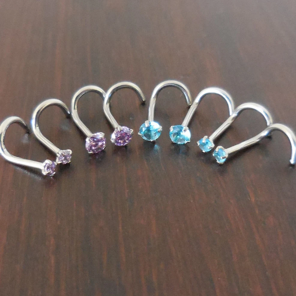 Pair 2mm or 3mm Prong Set Screws Nose Rings Many Colors Stainless Steel Gold Tone Rainbow Prism Crystal CZ 20G or 18G