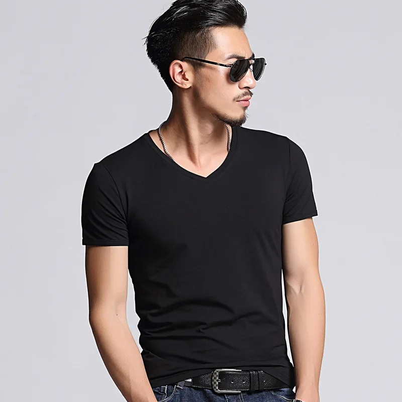 C Deep V Neck T Shirt For Men Low Cut Vneck Wide Vee Tee Male Tshirt Invisible Undershirt Model Scoop Hem Slim Fit Short Sleeve