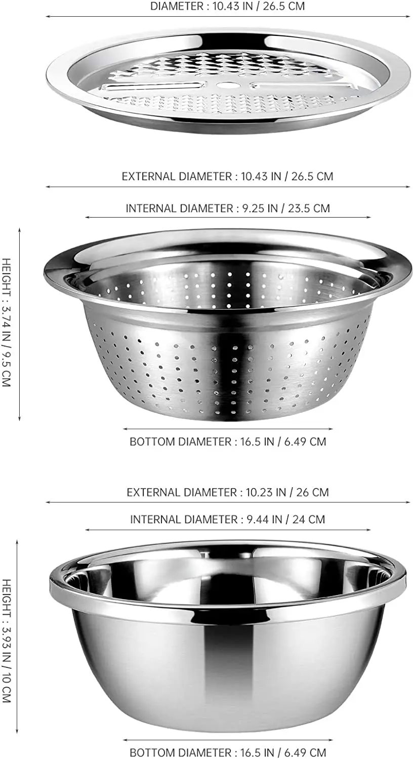 Stainless steel drainage Basket Vegetable cutter 3in 1 Kitchen multi-functional slicer Salad bowl (silver)