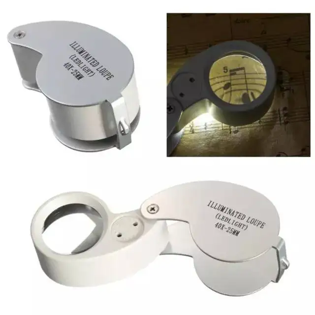 40X Full Metal Illuminated Jewelry Loop Magnifier XYK Pocket Folding Magnifying Glass Jewelers Eye Loupe with LED