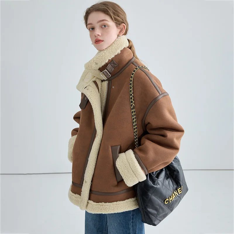 Vega Chang 2025 Winter New Motorcycle Style Imitation Fur One Short Coat   Thick Plush Coat