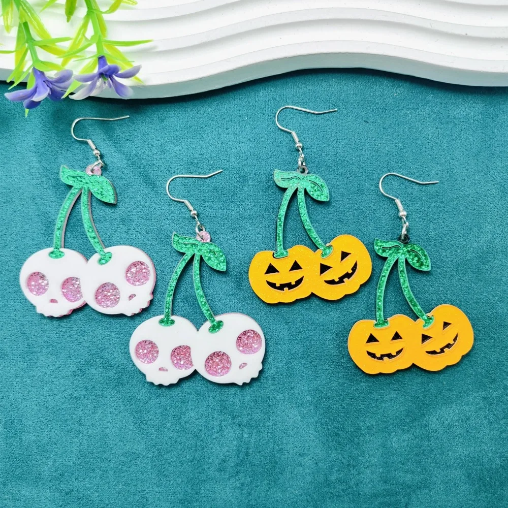 Fashion Creative Colored Cherry Pendant Statement Earrings Horror Jewelry Cute Acrylic Halloween Bling Pumpkin Skull Earring