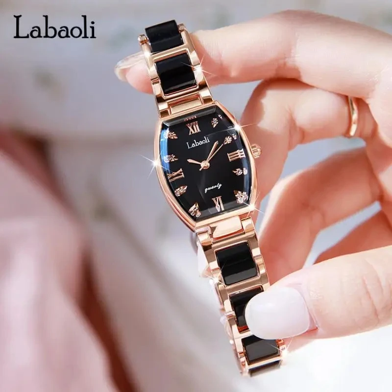 LABAOLI Top Brand Luxury White Rose Gold Ice Diamond Women Watch Stainless Steel Band Ladies Wrist Women Tonneau Dial Watches