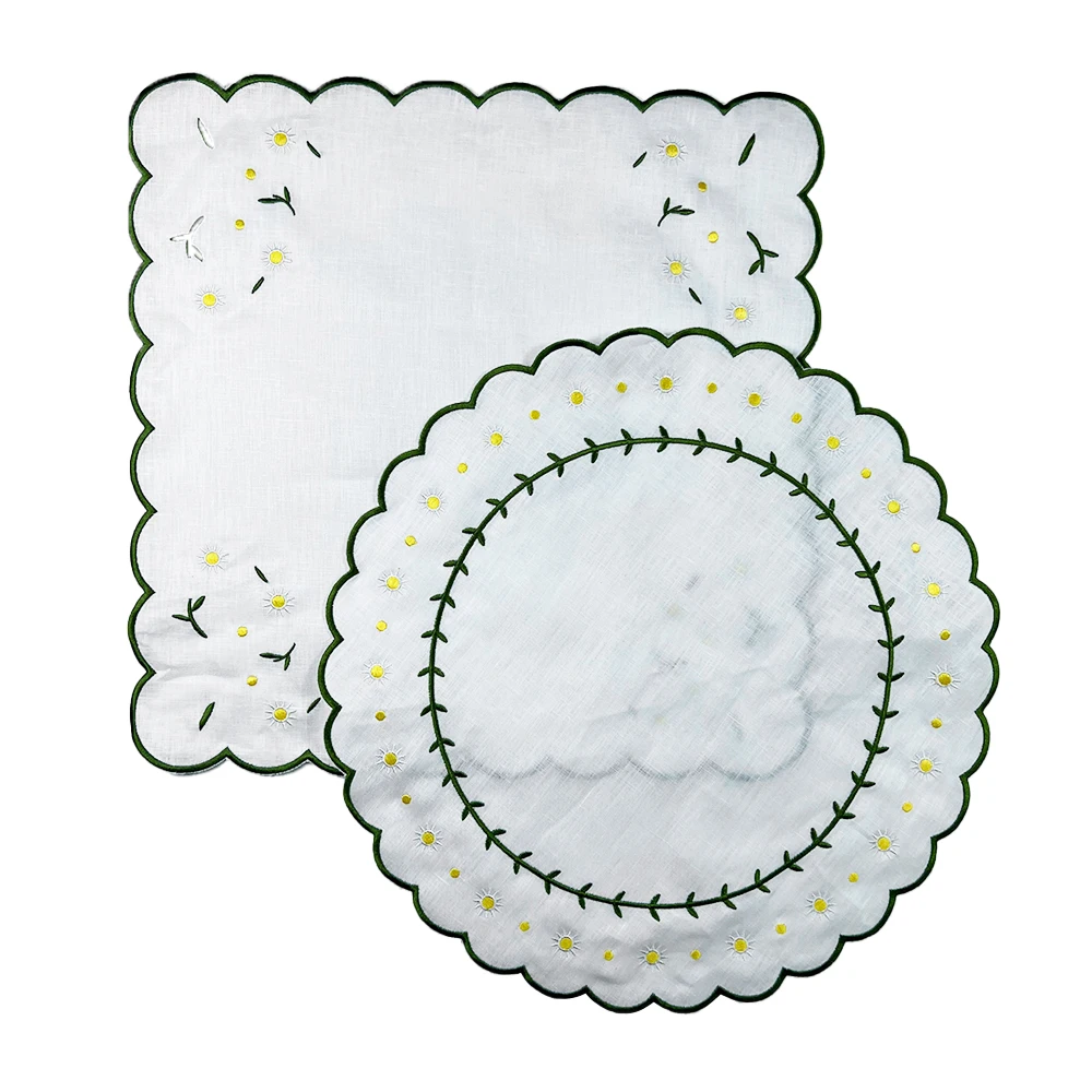 Wholesale Flower Linen Napkins Wedding with Embroidered edge table cloth Scalloped Linen Napkins eco friendly French Luxury Flax