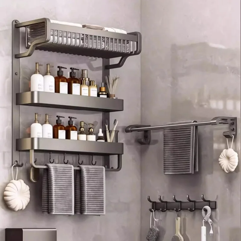 Factory Multifunction 3 Tier Towel Rack Wall-Mounted Bathroom Accessories Towel Storage Shelf Aluminum Towel Bar Shelf with Hook