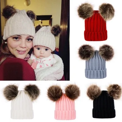 New fashion Cute baby winter warm hats double ball knitted hats for mommy and me  pompom beanies wholesale M0220