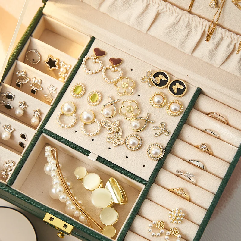 Wholesale Large Three Layer Drawer Pu Leather Earring Ring Stacker Jewelry Storage Box with Lock