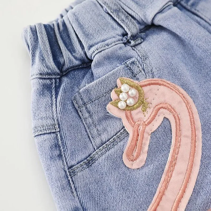 2022 Baby Girls Summer Cotton Denim Shorts Pants Toddler Kids Cute Swan Flower Soft Jeans Teenager Clothes Children Clothing