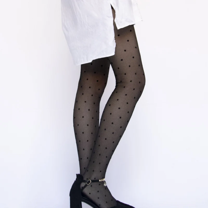 wholesale OEM stretch women black Fashion Design With Dots Silk Tube Pantyhose Stockings
