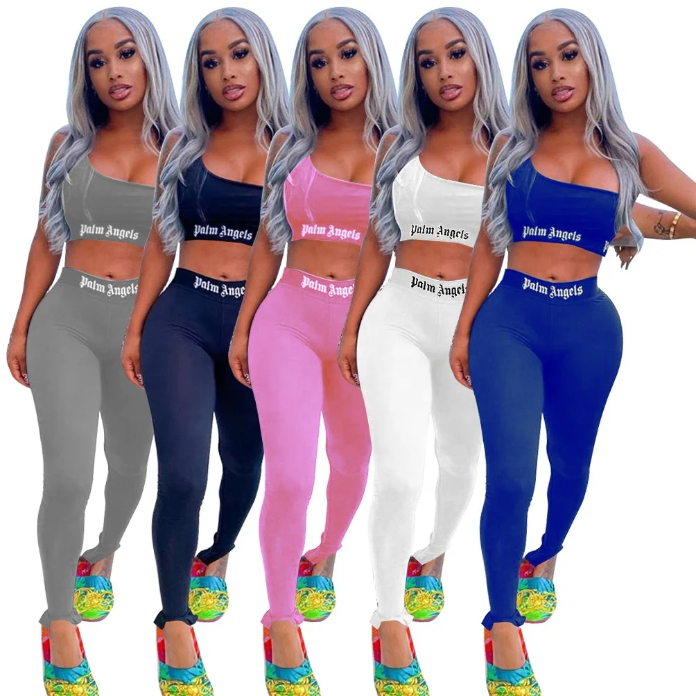 
custom logo women crop top sleeveless one shoulder two piece pants set yoga sports wear biker shorts 