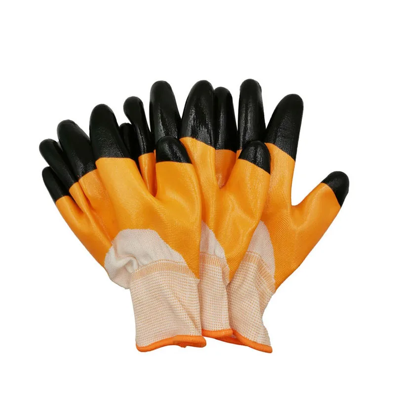 High Quality Polyester Dipped Double Finger Dipped Construction 13G Nylon Orange Nitrile Half Coated Garden Work Gloves