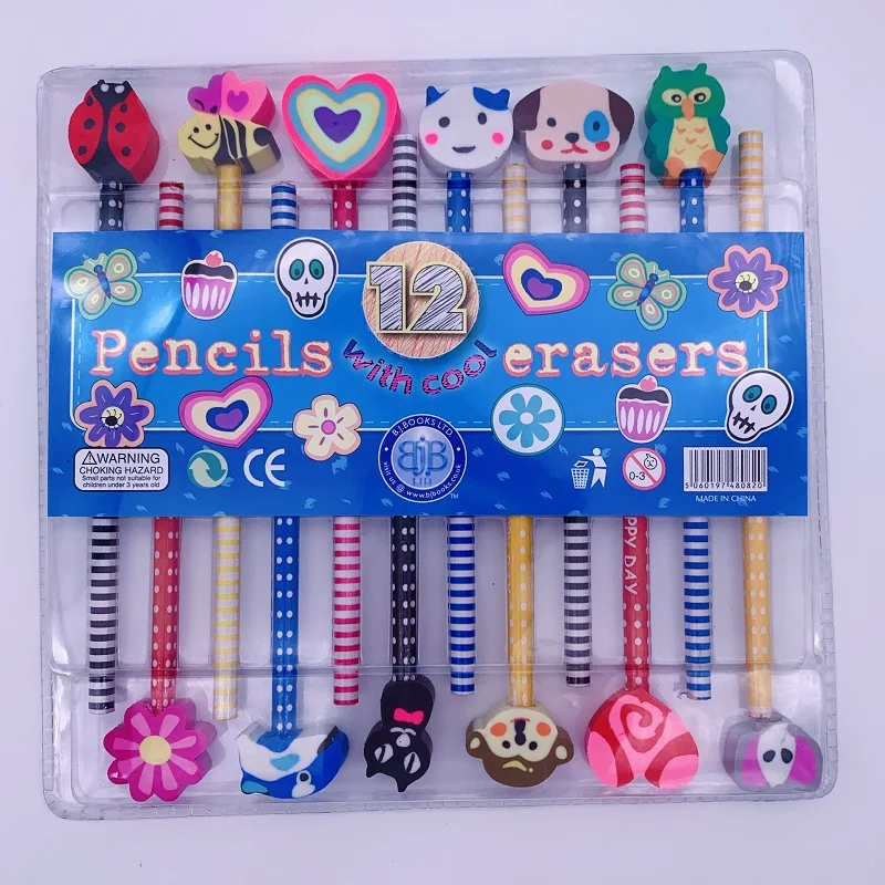 Office & School hb 12pcs cartoon Animal fruit rubber eraser pencil