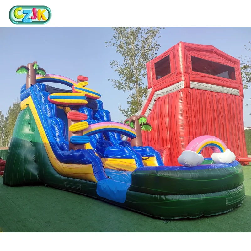 Hot Sale Tropical Theme Beach Kids Party Bounce House Inflatable Water Slide With Swimming Pool For Backyard