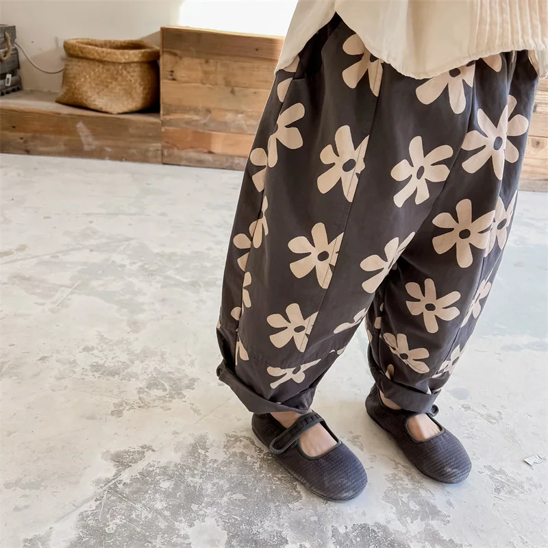 Spring Autumn New Children Casual Pants Girls Fashion Flower Print Harem Pants Kids Loose Trousers Vintage Boys Pants
