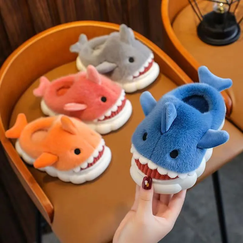 2022 Shark Slippers Children Winter 6 To 12 Years Old Thick Bottom Non-slip Cartoon Little Boy Home Girl Boy Cotton Slippers