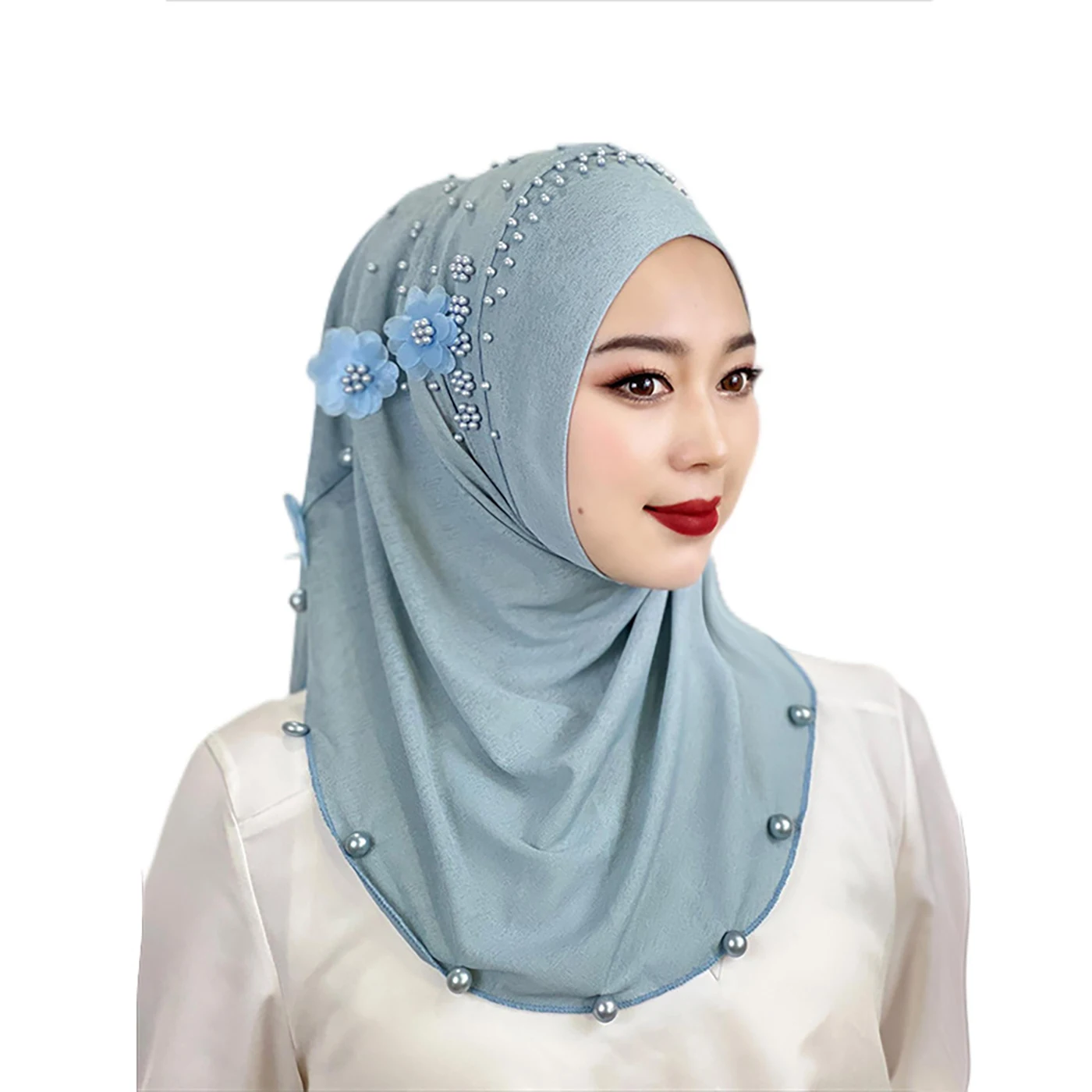 High Quality Muslim Pearl Shawl Pin Beaded Design Women Flower Instant Headscarf Islamic Satin Ladies Hijab