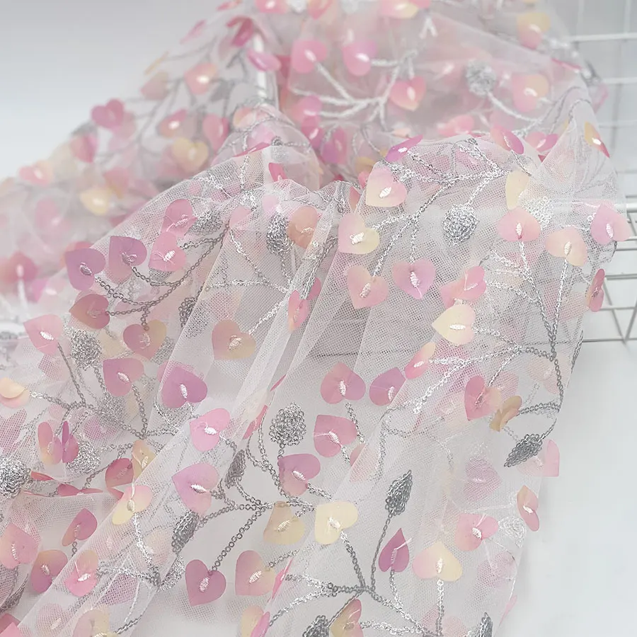 New design beautiful multicoloured laser 3D heart-shaped leaf argent powder sequins glitter tulle mesh embroidery fabrics