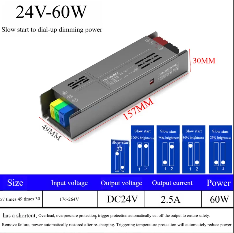 Factory price diai dimming power supply 100% full power 12/24v AC180-265  60w high-end indoor strip power supply
