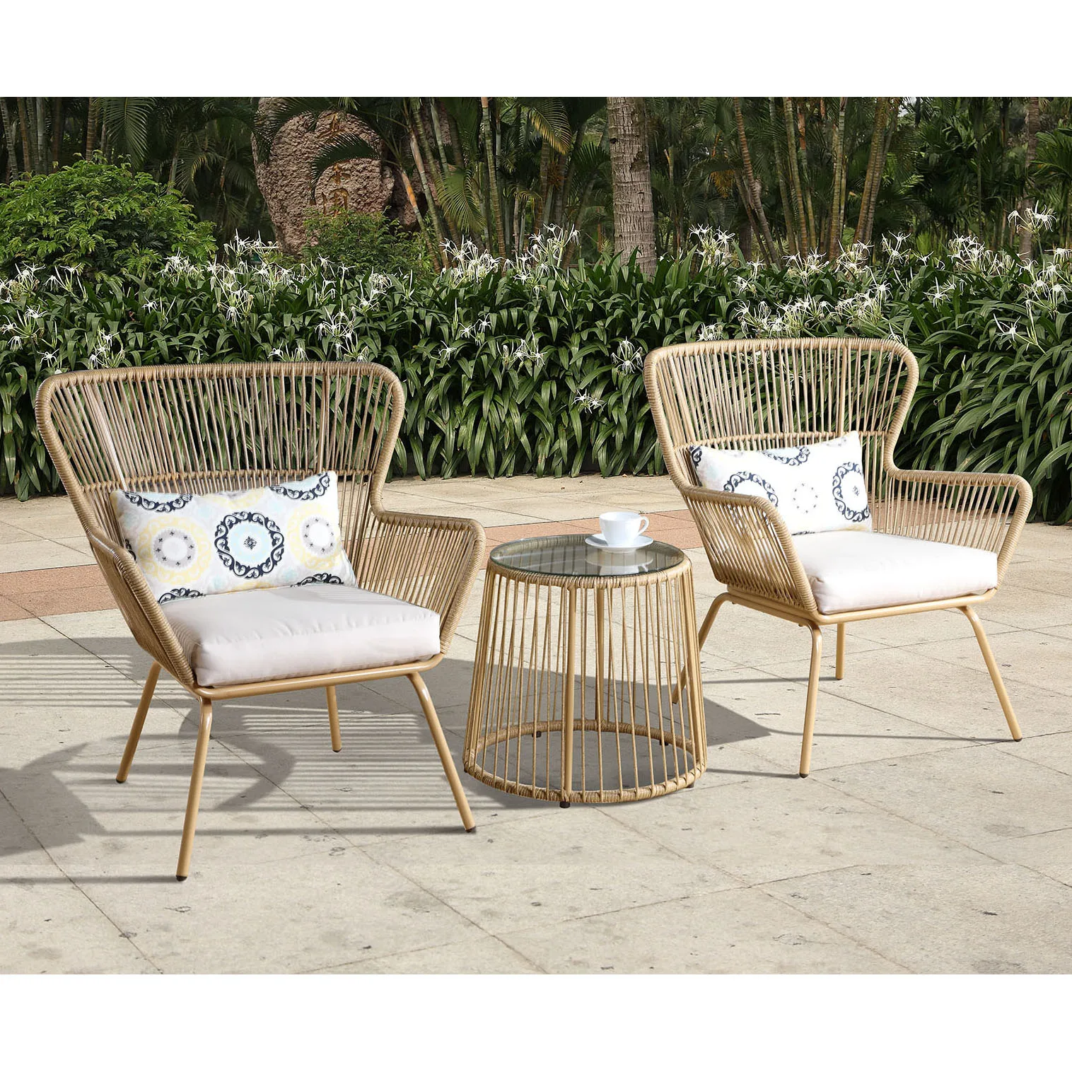 
3 pieces all weather P.E rattan wicker cushion patio garden outdoor furniture tempered glass end coffee table chairs bistro set 