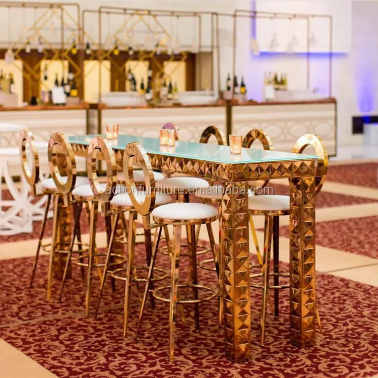 Gold stainless steel frame night club used bar table and chairs set