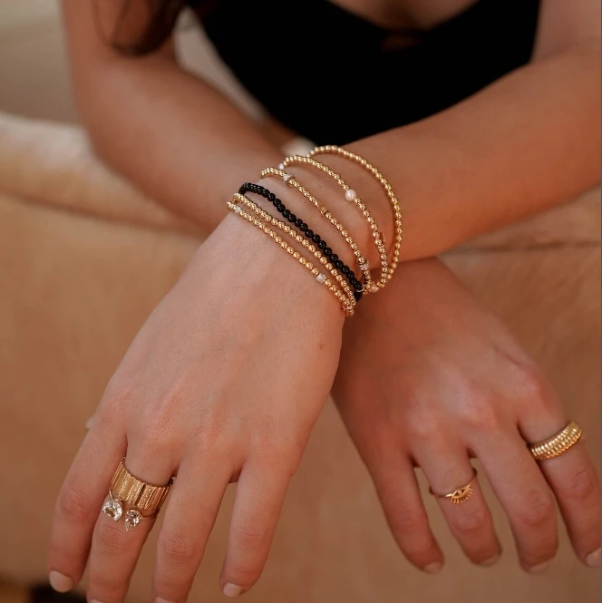 Stainless steel Customized Waterproof No Fade PVD Coating 3mm Gold Segment Bead Bracelet With Diamond Bars