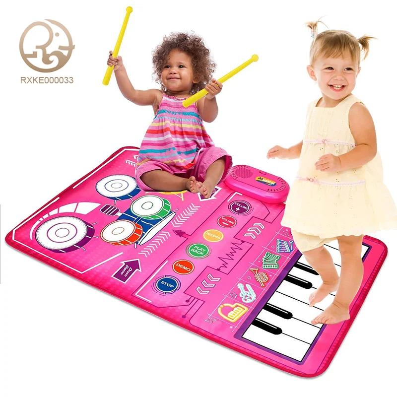 3-in-1 Musical Carpet Floor Mat for Toddlers Early Educational Piano & Drum Play with 2 Sticks Animal Touch Play Blanket Babies
