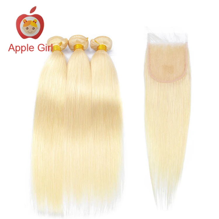 Honey Blonde Bundles With Closure Brazilian Remy Straight Human Hair Cuticle Aligned Hair 613 Bundles With Closure