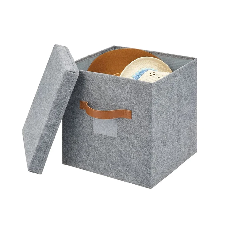 High Quality 30*30 Collapsible Organization Bins Box with lid and Leather Handle Soft Felt Storage Boxes