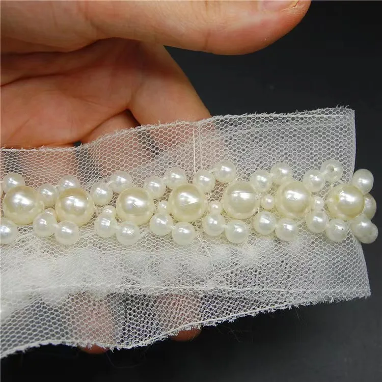 Hot Sell Fashion Bling Bling Hand Sew on Ribbon Short Trim Pearl Beaded Fringe Trimming for Evening