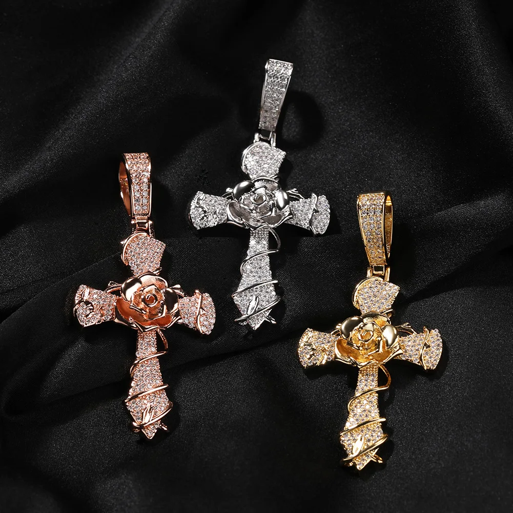 Hip Hop Fashion Jewelry Women Gold Plated CZ Cubic Zirconia Cross Charms Iced Out Bling Rose Cross Pendant Necklace