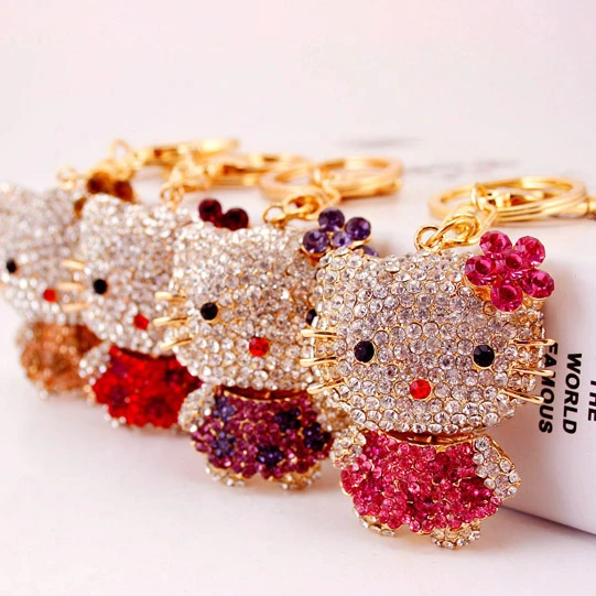 Hello Kitty Crystal Rhinestone  Keychain Metal  Key Ring Car Bag Pendant Accessories for Women