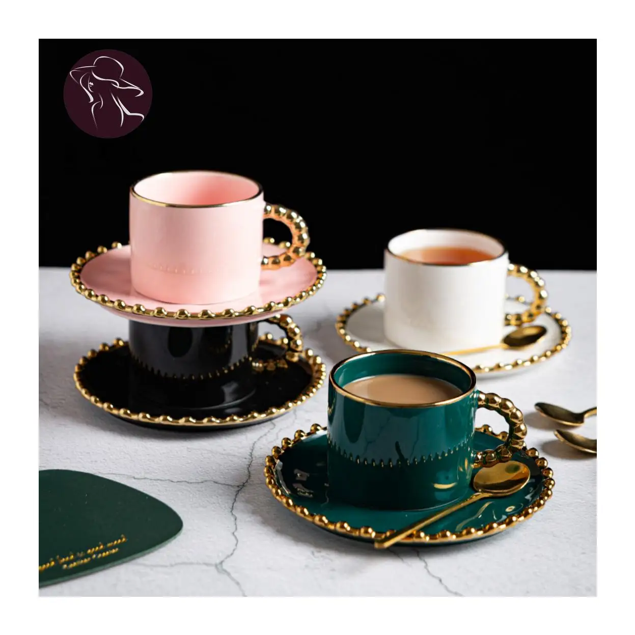 Gold Beaded Ceramic Water Cup European Luxury Coffee Mug Home Exquisite Coffee Cup and Saucer Set